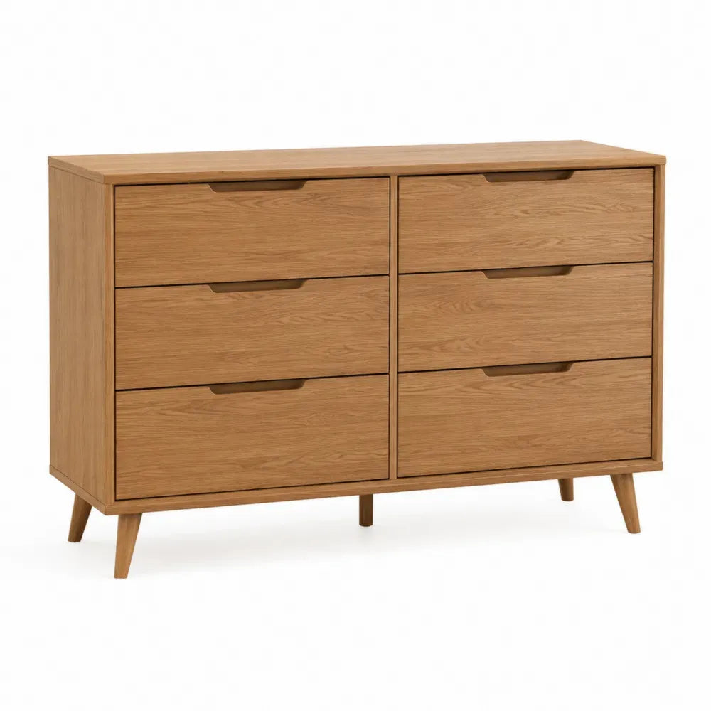 cómoda 120 x 40 x 75 cm MDF chapado en roble natural 6 cajones estructura rectangular patas de madera maciza color roble