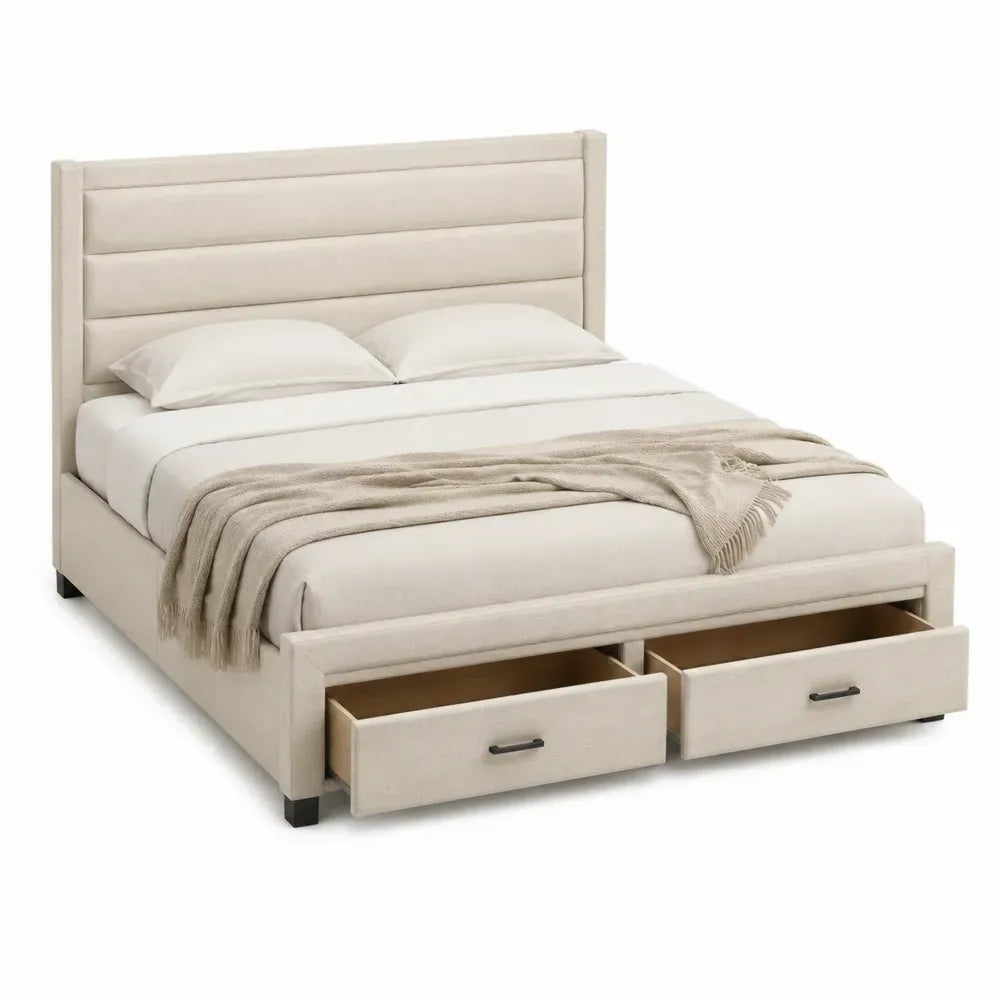 Cama tapizada con almacenamiento y 2 cajones estructura MDF color beige cabecero acolchado patas negras