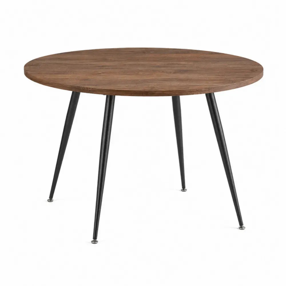 mesa de comedor redonda 100 cm madera MDF chapa roble patas acero negro diseño moderno industrial