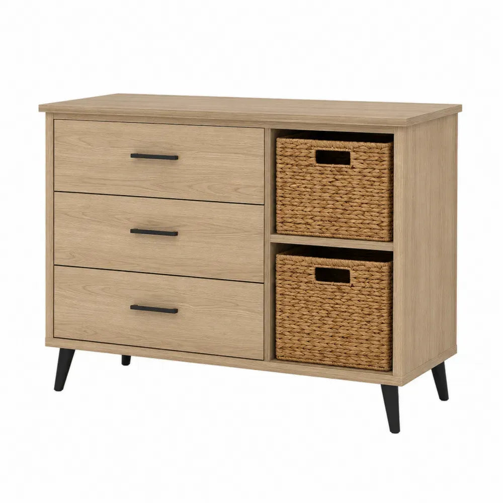 Cómoda rectangular de MDF roble claro y negro con 3 cajones y 2 cestas 110 x 40 x 80 cm