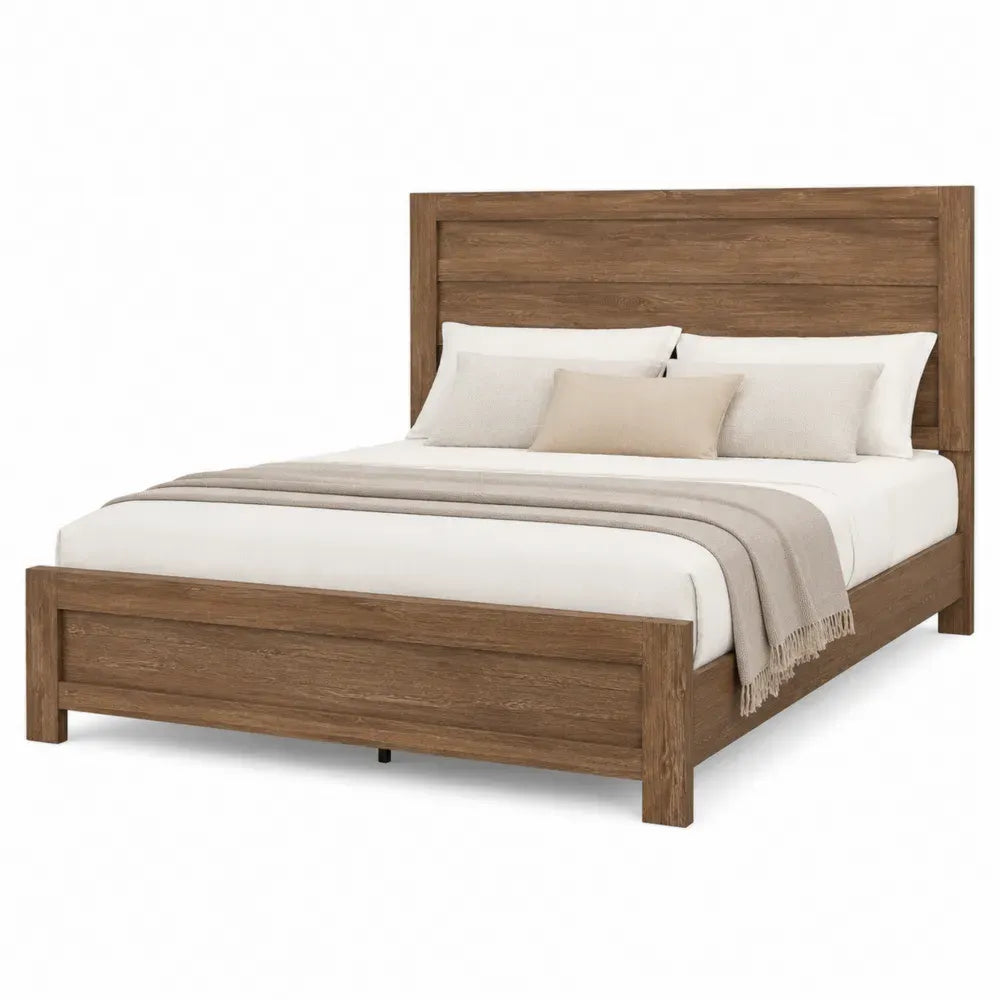 Cama doble madera maciza de pino 140 x 200 cm estructura color marrón cabecero panel horizontal diseño rústico moderno