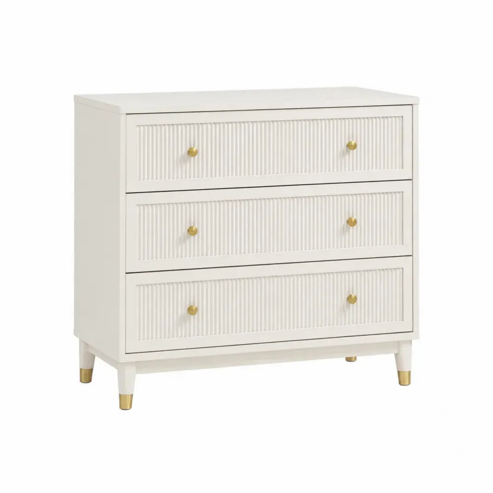 Cómoda 80 cm MDF blanco con 3 cajones frontales acanalados tiradores dorados patas de madera diseño moderno
