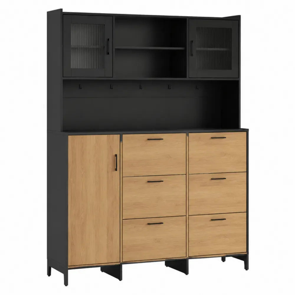 Aparador alto rectangular de tablero aglomerado con puertas de vidrio templado estriado cajones color negro y madera natural 180 cm alto 120 cm ancho 40 cm fondo