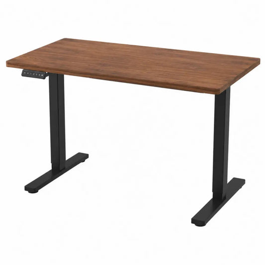 Escritorio regulable en altura eléctrico tablero de madera MDF estructura de acero negro base en T superficie marrón 120 x 60 cm
