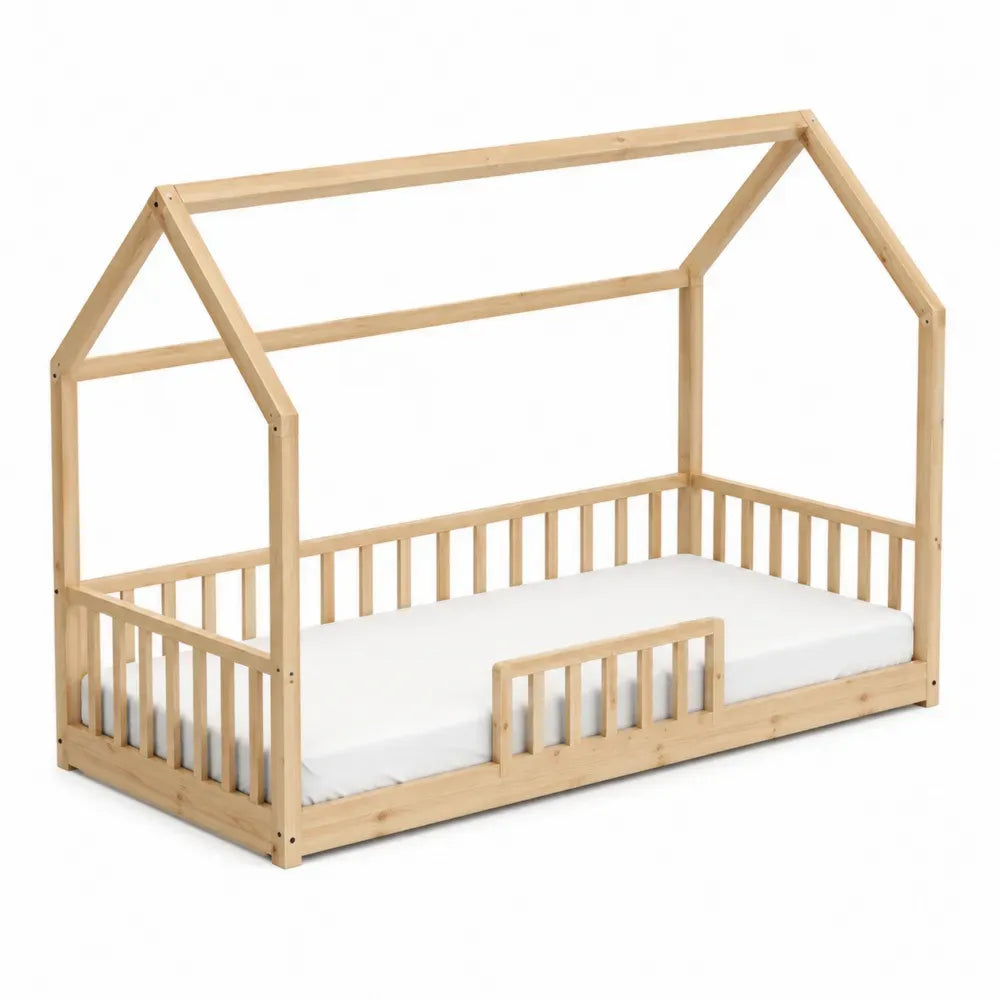 Cama infantil tipo casa madera maciza de pino estructura 200 cm x 90 cm x 170 cm natural blanco somier de láminas