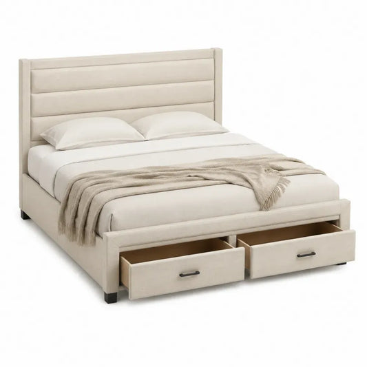 Cama tapizada con almacenamiento y 2 cajones estructura MDF color beige cabecero acolchado patas negras