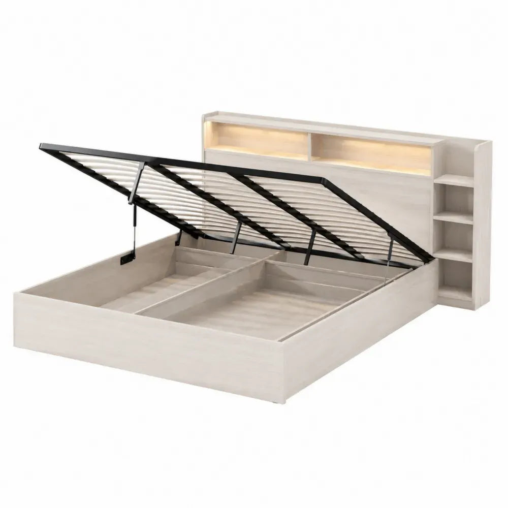 Cama canapé elevable rectangular de MDF roble claro con cabecero con estantes y LED 160 x 200 cm