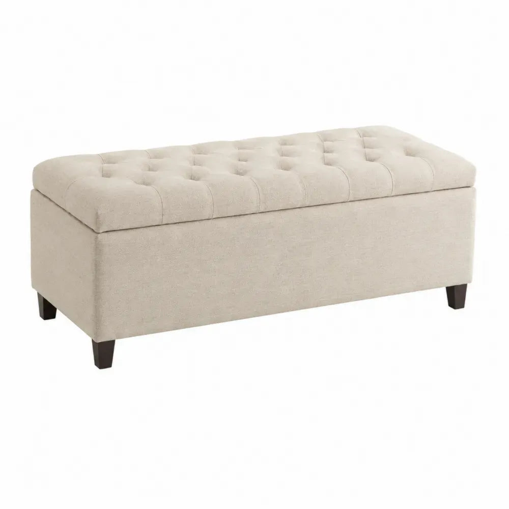 Banco de almacenamiento rectangular tapizado en poliéster beige de 100 x 40 x 45 cm con asiento capitoné y patas de madera