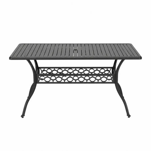 mesa de comedor de exterior de metal color negro 160 cm largo 90 cm ancho 75 cm alto estructura de acero con tablero de listones