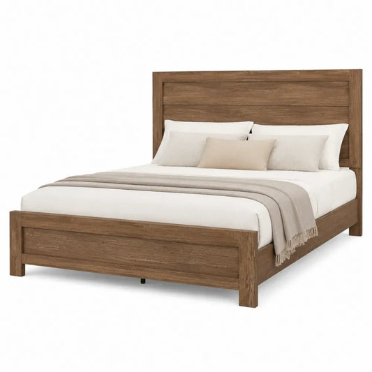 Cama doble madera maciza de pino 140 x 200 cm estructura color marrón cabecero panel horizontal diseño rústico moderno