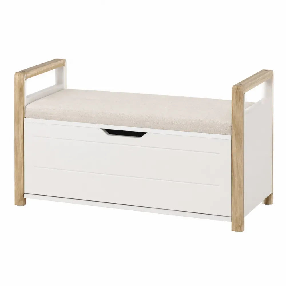 banco con almacenaje tapizado tejido poliéster color beige con reposabrazos de madera estructura de madera maciza diseño rectangular 100 cm largo 45 cm ancho 50 cm alto