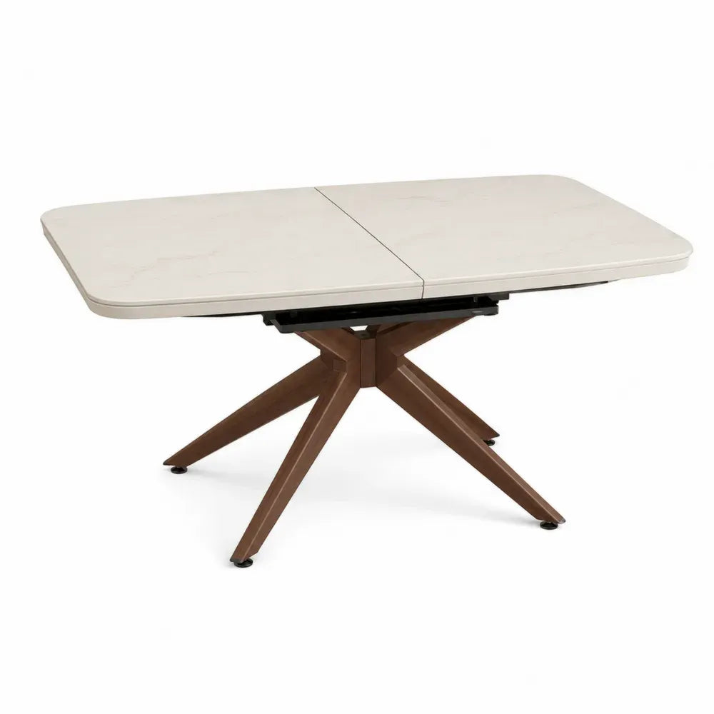 Mesa de comedor extensible rectangular con tablero MDF efecto mármol blanco beige y base nogal 140 a 180 x 80 x 76 cm