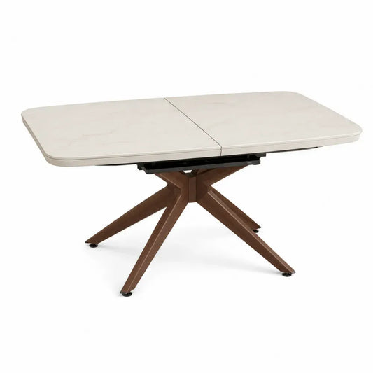 Mesa de comedor extensible rectangular con tablero MDF efecto mármol blanco beige y base nogal 140 a 180 x 80 x 76 cm