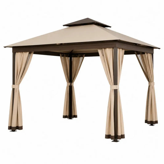 Gazebo de jardín cuadrado de acero marrón oscuro con cubierta y cortinas de poliéster beige de 300 x 300 x 260 cm