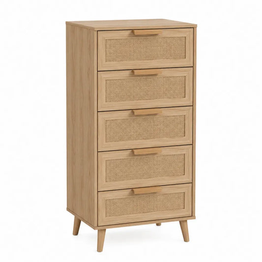 Cómoda vertical de 50 x 40 x 110 cm con 5 cajones MDF efecto madera natural frentes de ratán sintético y patas de madera maciza
