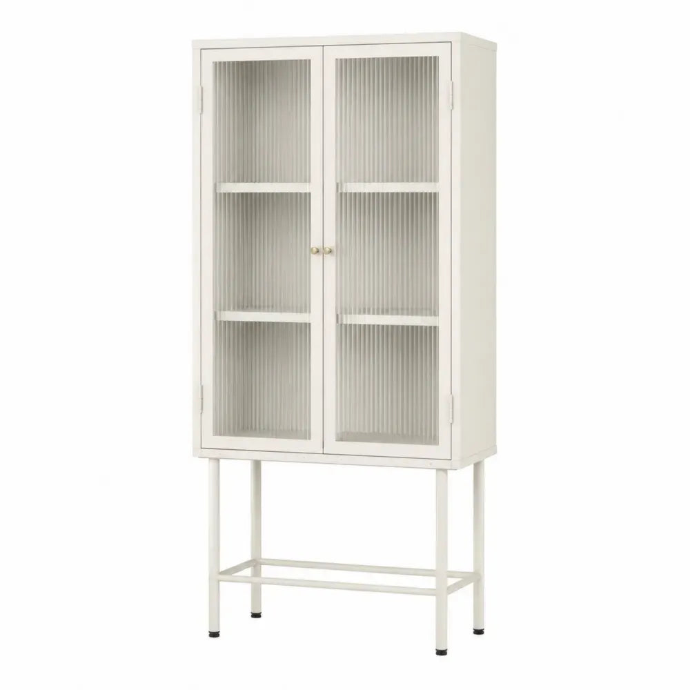 Aparador alto rectangular de MDF blanco con 2 puertas de vidrio estriado 100 x 40 x 175 cm