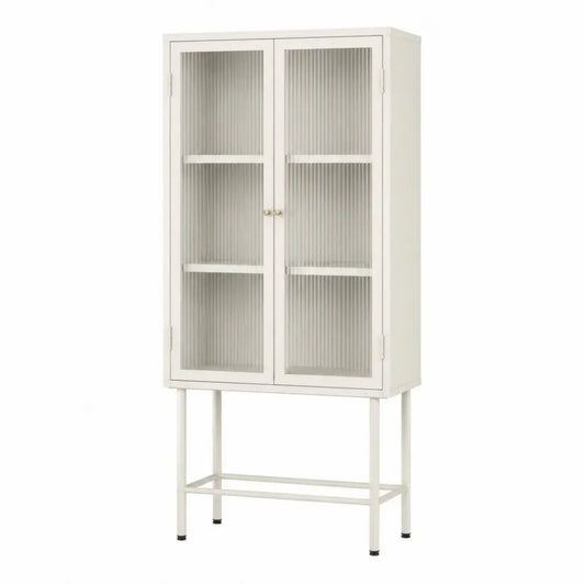 Aparador alto rectangular de MDF blanco con 2 puertas de vidrio estriado 100 x 40 x 175 cm