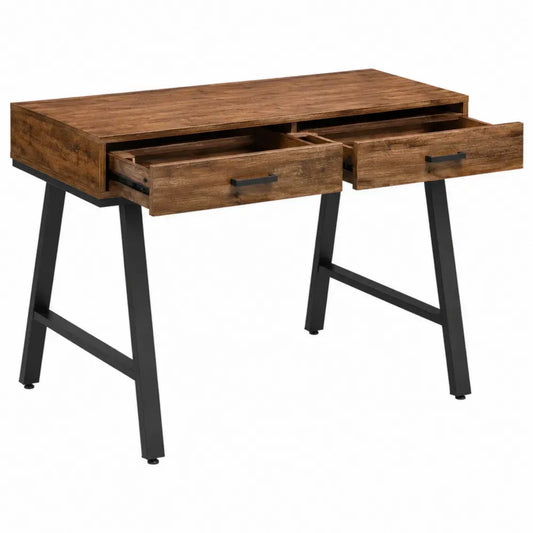 Escritorio de oficina con cajones dobles tablero de madera efecto nogal estructura metálica negra diseño moderno