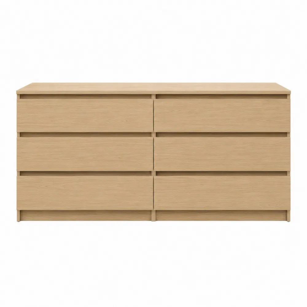 cómoda 120 x 40 x 80 cm MDF chapado en roble natural 6 cajones estructura rectangular patas de madera maciza color madera natural