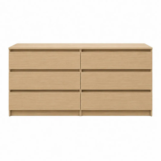 cómoda 120 x 40 x 80 cm MDF chapado en roble natural 6 cajones estructura rectangular patas de madera maciza color madera natural