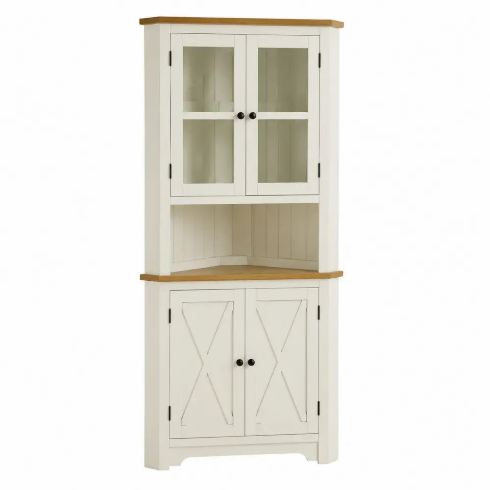 Armario esquinero de almacenamiento de MDF con puertas de vidrio templado y puertas opacas en blanco crema y madera natural 180 cm alto 80 cm ancho 40 cm fondo