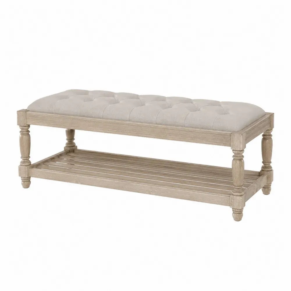 banco tapizado en tejido beige con estante inferior de madera maciza estilo clásico 110 cm ancho 40 cm fondo 45 cm alto