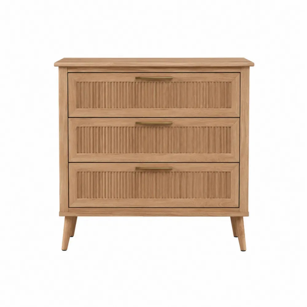Cómoda rectangular de MDF roble natural con 3 cajones estriados y tiradores dorados 80 x 40 x 80 cm