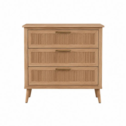 Cómoda rectangular de MDF roble natural con 3 cajones estriados y tiradores dorados 80 x 40 x 80 cm