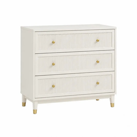 Cómoda 80 cm MDF blanco con 3 cajones frontales acanalados tiradores dorados patas de madera diseño moderno