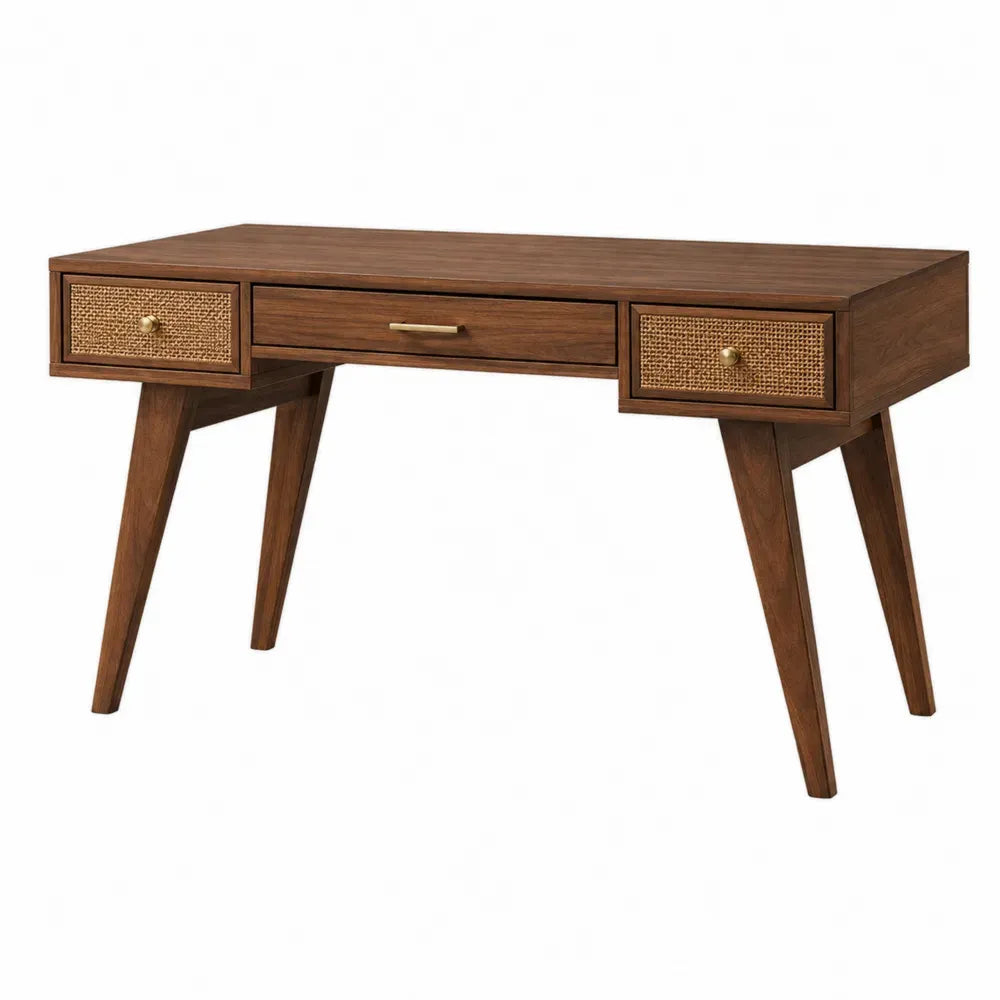 Escritorio rectangular con 3 cajones de MDF efecto nogal frontales de ratán PE y patas de madera 120x55x76 cm