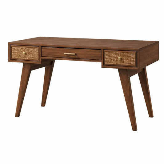 Escritorio rectangular con 3 cajones de MDF efecto nogal frontales de ratán PE y patas de madera 120x55x76 cm