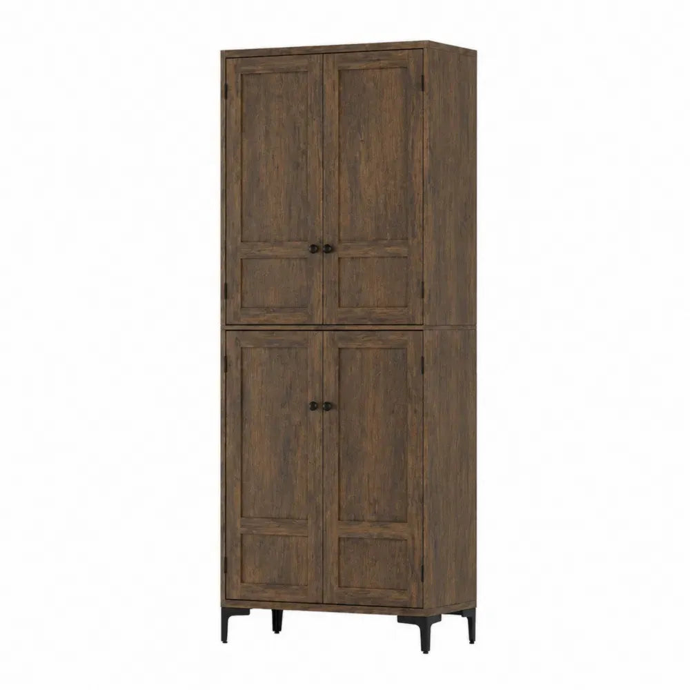 Armario alto rectangular de MDF con cuatro puertas opacas acabado nogal oscuro y patas negras 180 cm alto 80 cm ancho 40 cm fondo