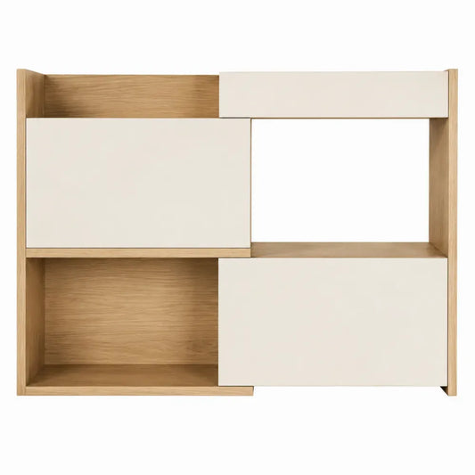 mueble de almacenamiento tipo aparador con puertas correderas madera MDF y acabado blanco y madera natural diseño geométrico modular